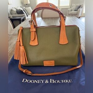 Dooney & Bourke Olive Green Pebble Leather Satchel with Tan Trim and Tassels